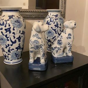 Porcelain Sitting Dogs Bookends. Oriental Design. Blue and White. Unused.